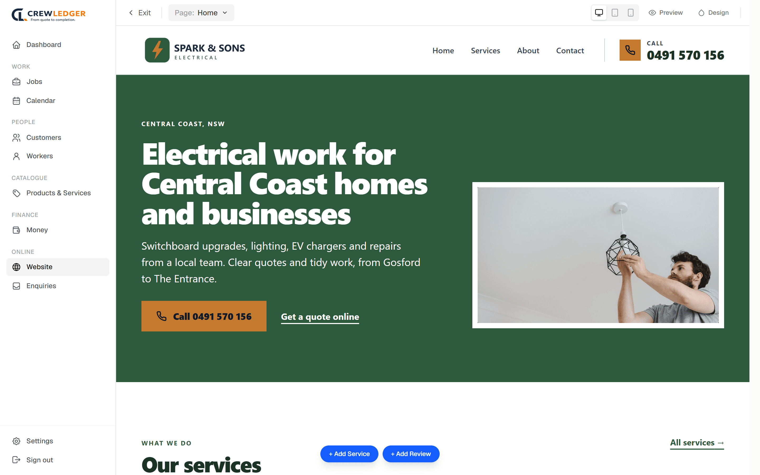 CrewLedger’s Visual Editor on desktop, editing the website of the demo business Spark & Sons Electrical.