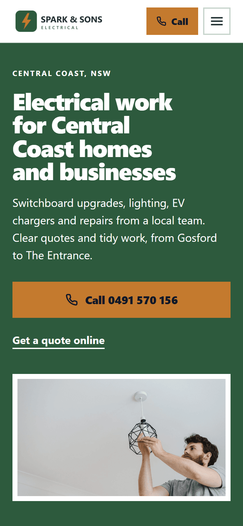 The published Spark & Sons Electrical website on a phone.